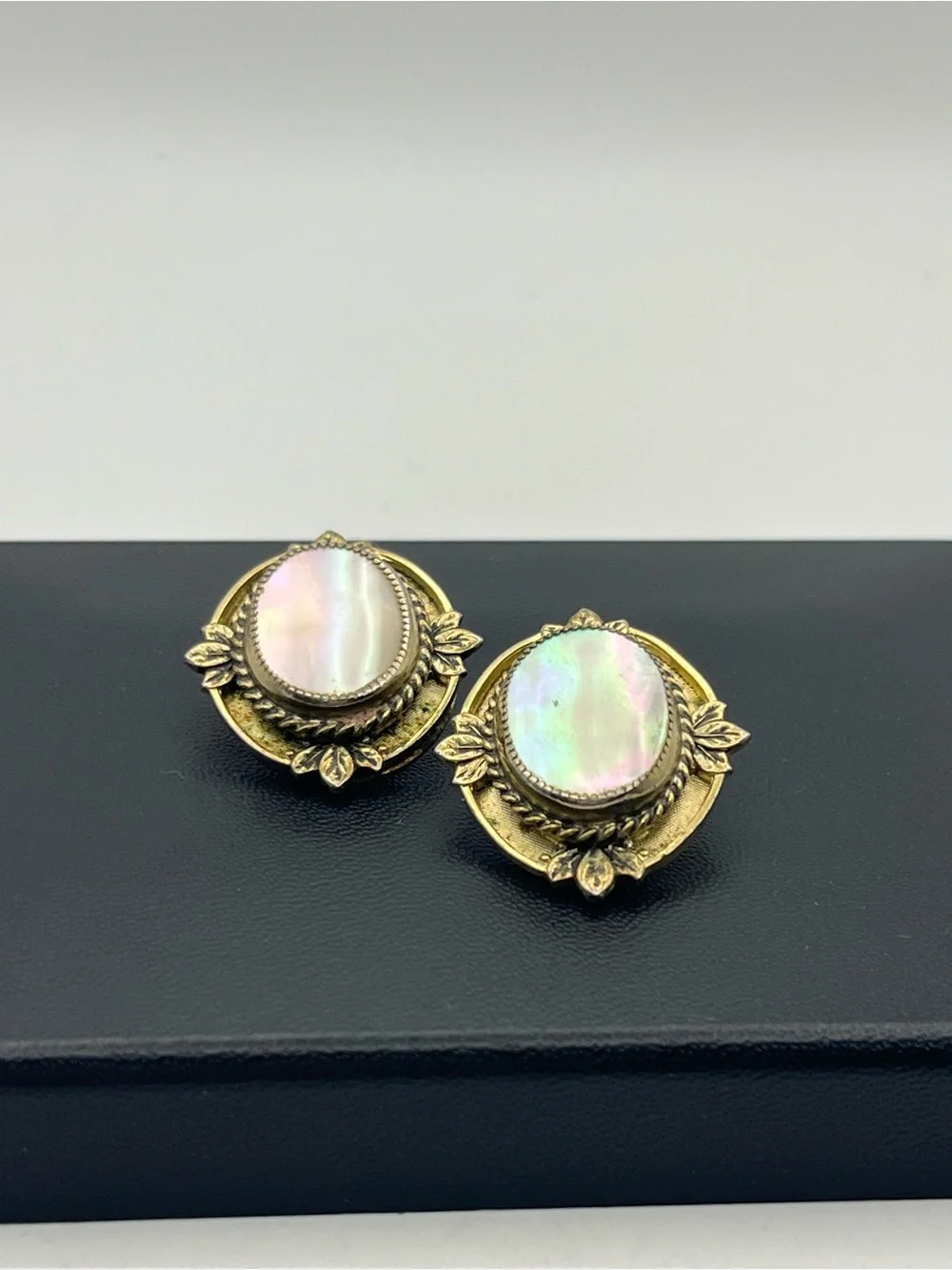 Whiting & Davis 1950’s Victorian Revival Gold tone mother of pearl clip earrings